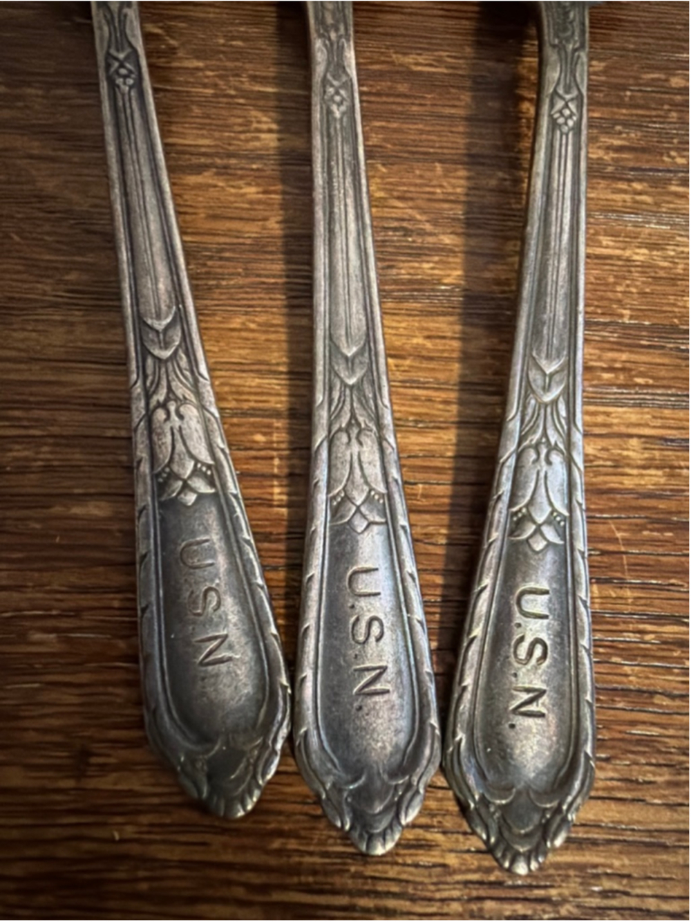Vintage U.S.N. Engraved Spoons Set of 3 Holmes & Edwards Inlaid IS Silverplate N